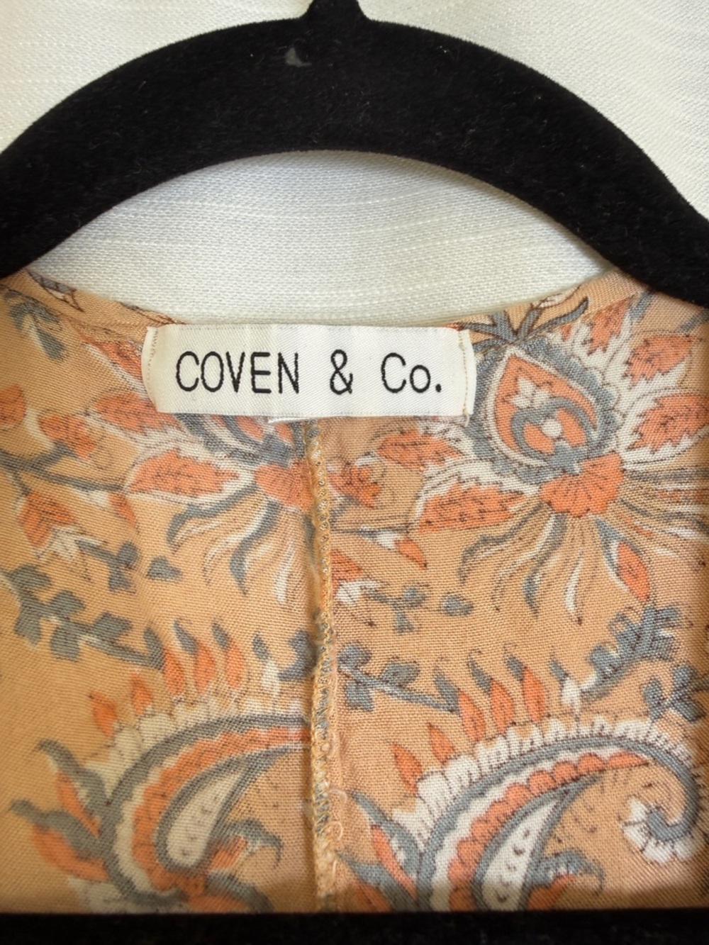 Coven & Co Boho Paisley Maxi Dress Tan Rust Flowy Ruffle Hem Cottagecore Size S - Picture 12 of 16